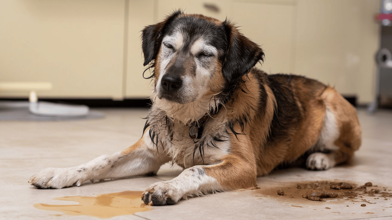A dog with signs of illness, such as vomiting, diarrhea, and abdominal pain. The dog is lying on the floor with its eyes closed. There is a puddle of vomit near the dog's head and feces near its hind legs. The dog's coat is wet and matted.