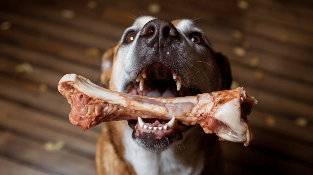 A dog with its mouth wide open, showing a raw chicken bone. The bone is partially digested, with visible marrow and aslimy texture. The dog's teeth are stained with rust-colored marks, a sign of iron in the bone.