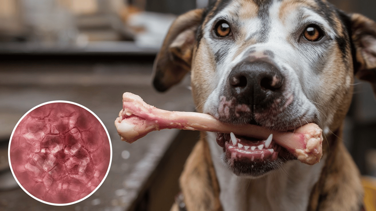 A sick dog holding a raw chicken bone splinter. On one end of the bone, the dog is holding it withits mouth, and on the other end, there is a zoomed view of the bacterial infection on the bone.