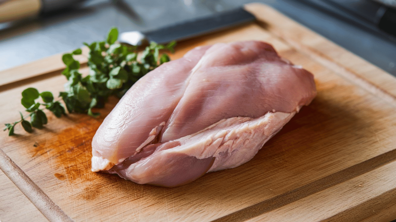 A raw, bone-in chicken breast on a wooden cutting board. The chicken is partially cut, revealing the pink flesh. The cuttingboard has knife marks. There's a green leafy herb beside the chicken.