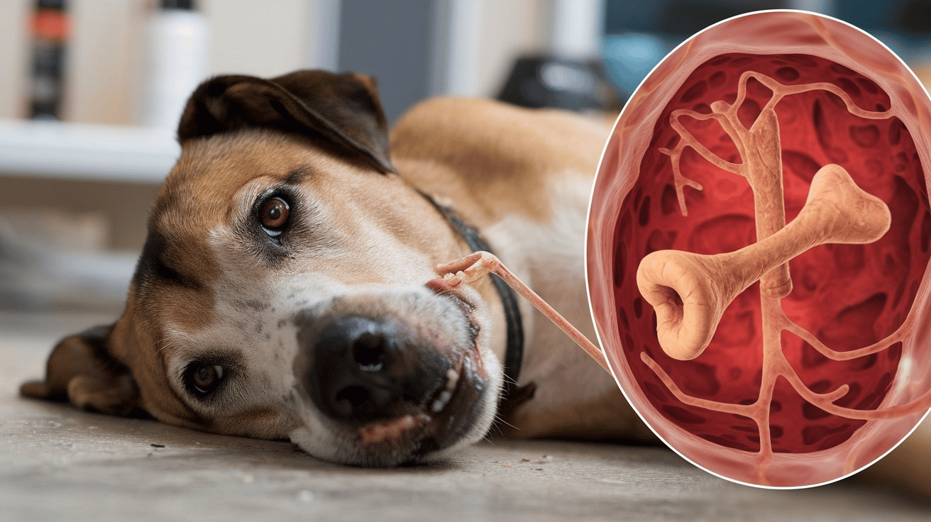 A sick dog holding a raw chicken bone splinter. On one end of the bone, the dog is holding it withits mouth, and on the other end, there is a zoomed view of the bacterial infection on the bone.