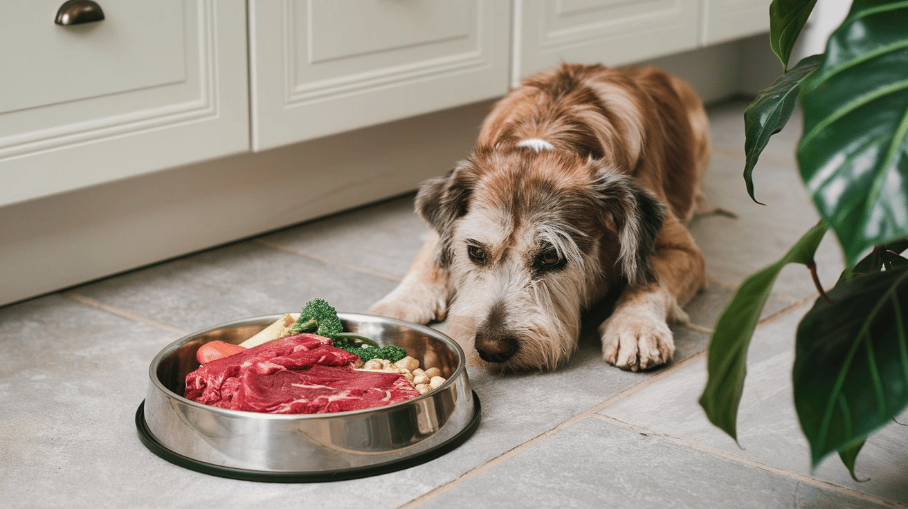 A dog's meal consisting of raw, red meat and a few vegetables. The dog's bowl is placed on the floor in a kitchen with white cabinets and a green plant nearby.