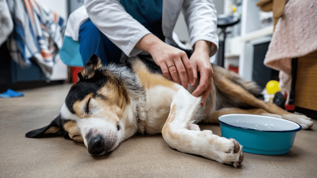 A veterinarian checking a dehydrated dog. The dog has its eyes closed and is lying on the ground. The veterinarian isfeeling the dog's abdomen. There is a bowl of water near the dog's head.