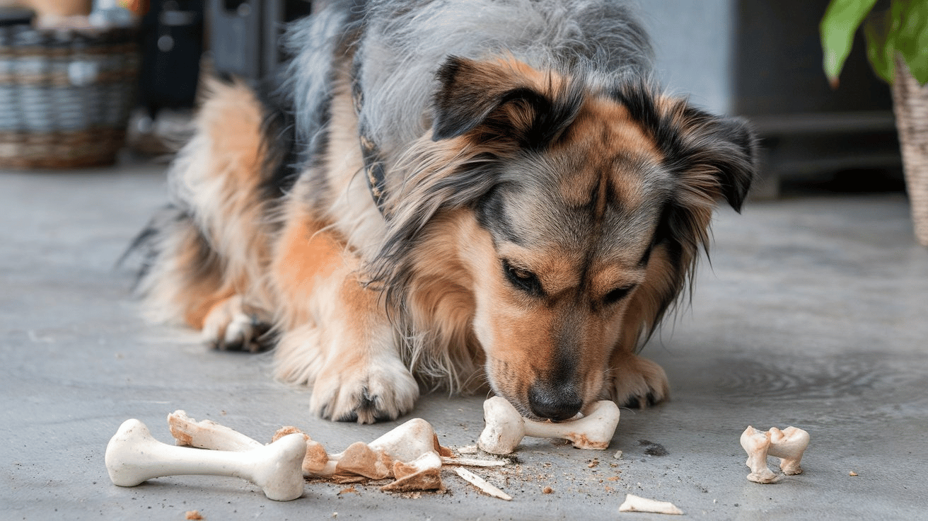 A popular breed dog eating a small-sized little chicken sharp-edged bone. The dog has a fluffy coat and is sitting on aconcrete surface. There are several sharp bones and debris scattered in front of the dog.