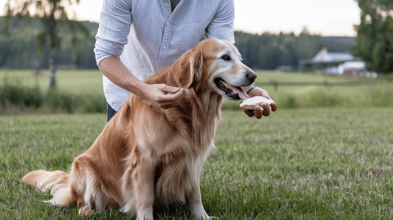A dog owner feeding chicken breast to his dog. The dog is a golden retriever and is sitting on a grassy field. The owner,wearing a white shirt, is standing behind the dog and is holding a piece of chicken.