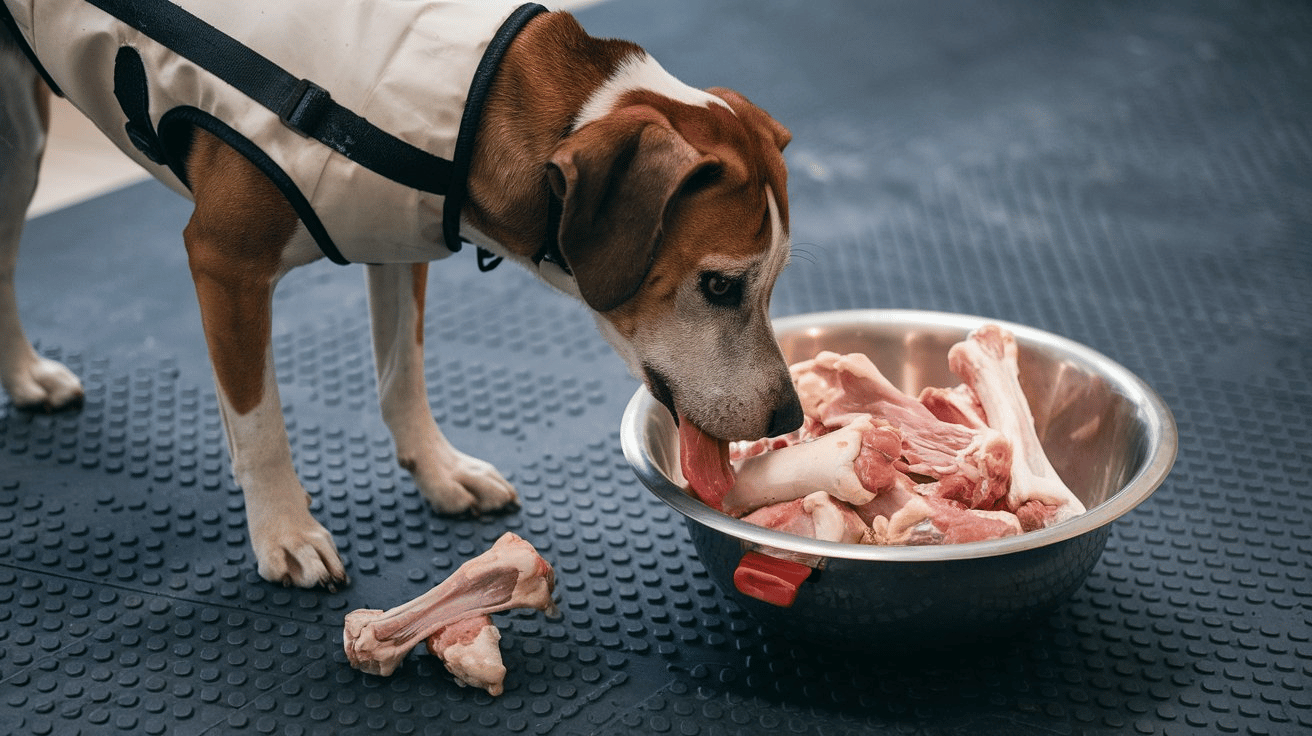 A dog being fed raw chicken bones. The dog is wearing a protective vest and standing on a rubber mat. There is a bowl of raw chicken bones next to the dog.