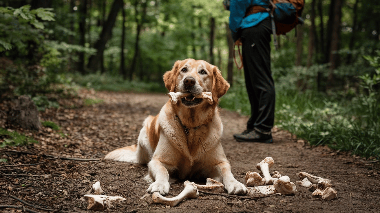 A golden retriever dog sitting on a wooded trail with scattered chicken bones around him. The dog has a bone in his mouthand is looking up with a worried expression. There is a person with a backpack standing nearby. The background is dense with trees.
