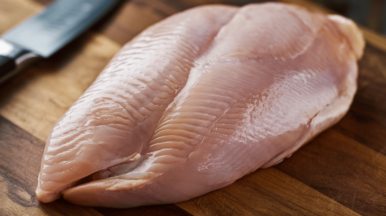 A fresh, raw chicken breast. The chicken is light pink in color and has visible striations of muscle. The background isa wooden cutting board with a knife beside the chicken.